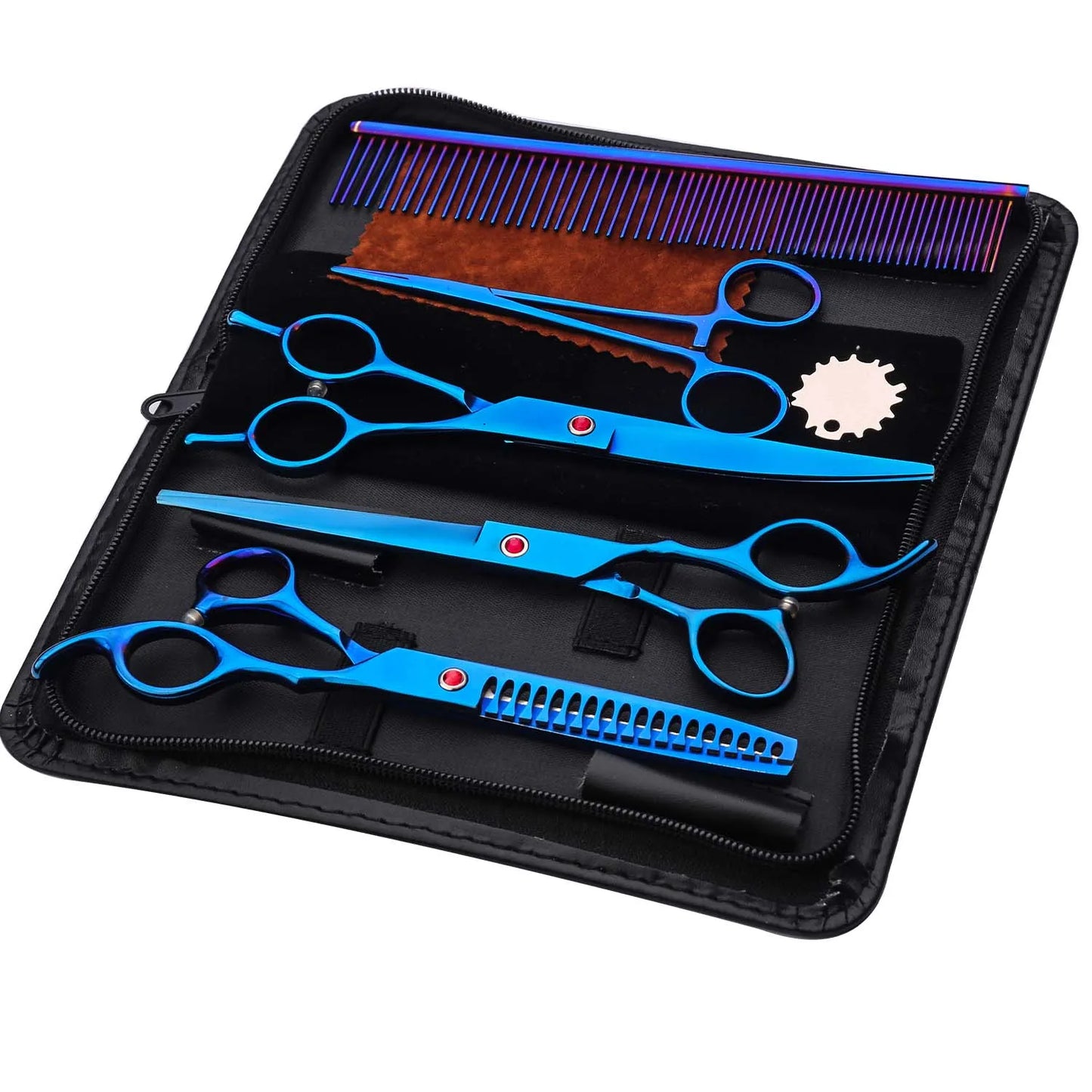 Professional Pet Grooming Scissors Set - Vibrant Iridescent Stainless Steel, Right-Handed Dog & Cat Hair Cutting Tools with Comb