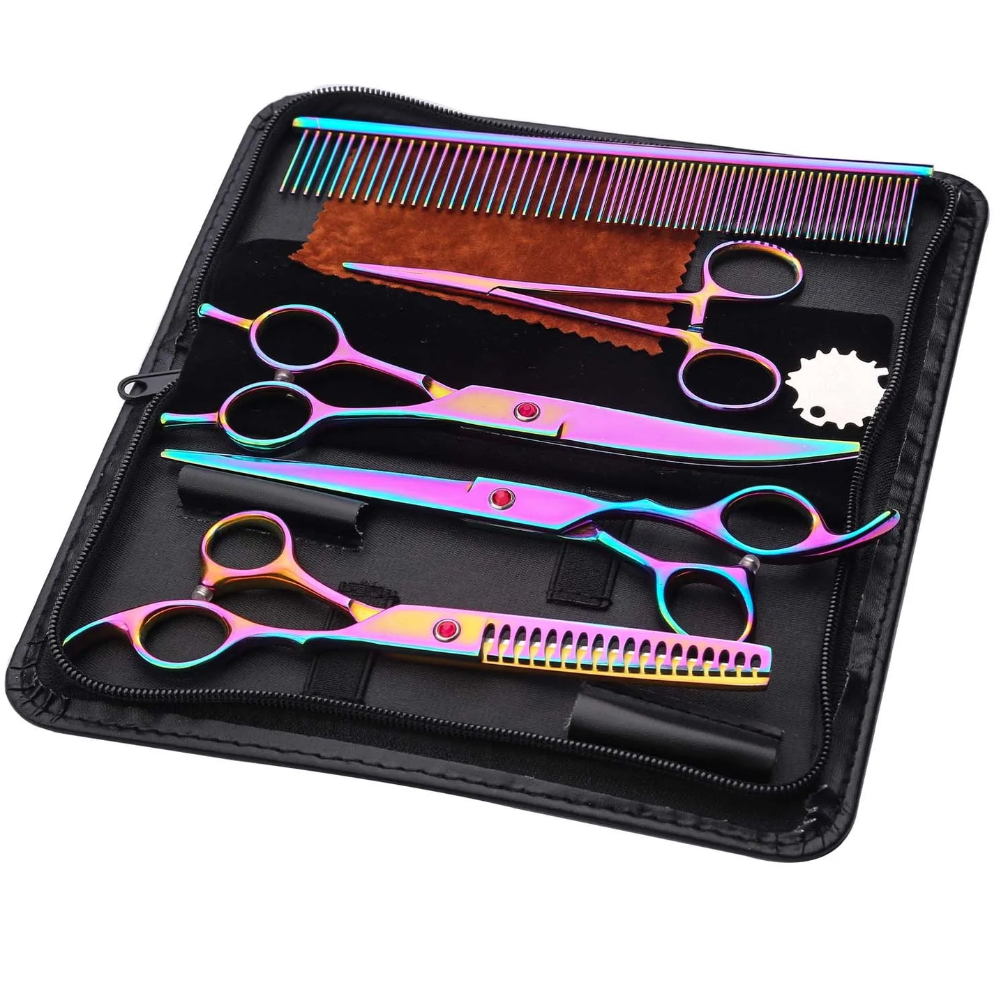 Professional Pet Grooming Scissors Set - Vibrant Iridescent Stainless Steel, Right-Handed Dog & Cat Hair Cutting Tools with Comb
