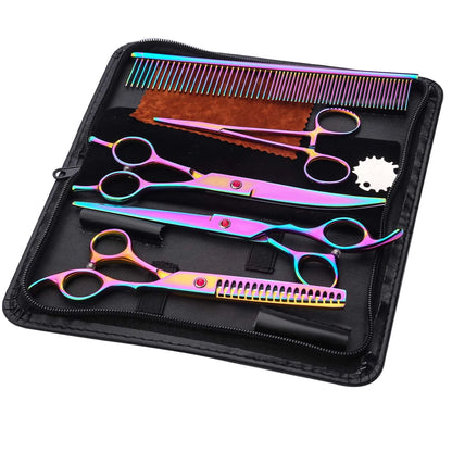 Professional Pet Grooming Scissors Set - Vibrant Iridescent Stainless Steel, Right-Handed Dog & Cat Hair Cutting Tools with Comb