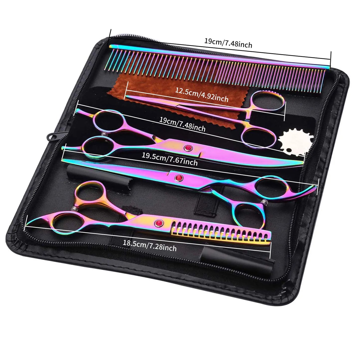 Professional Pet Grooming Scissors Set - Vibrant Iridescent Stainless Steel, Right-Handed Dog & Cat Hair Cutting Tools with Comb