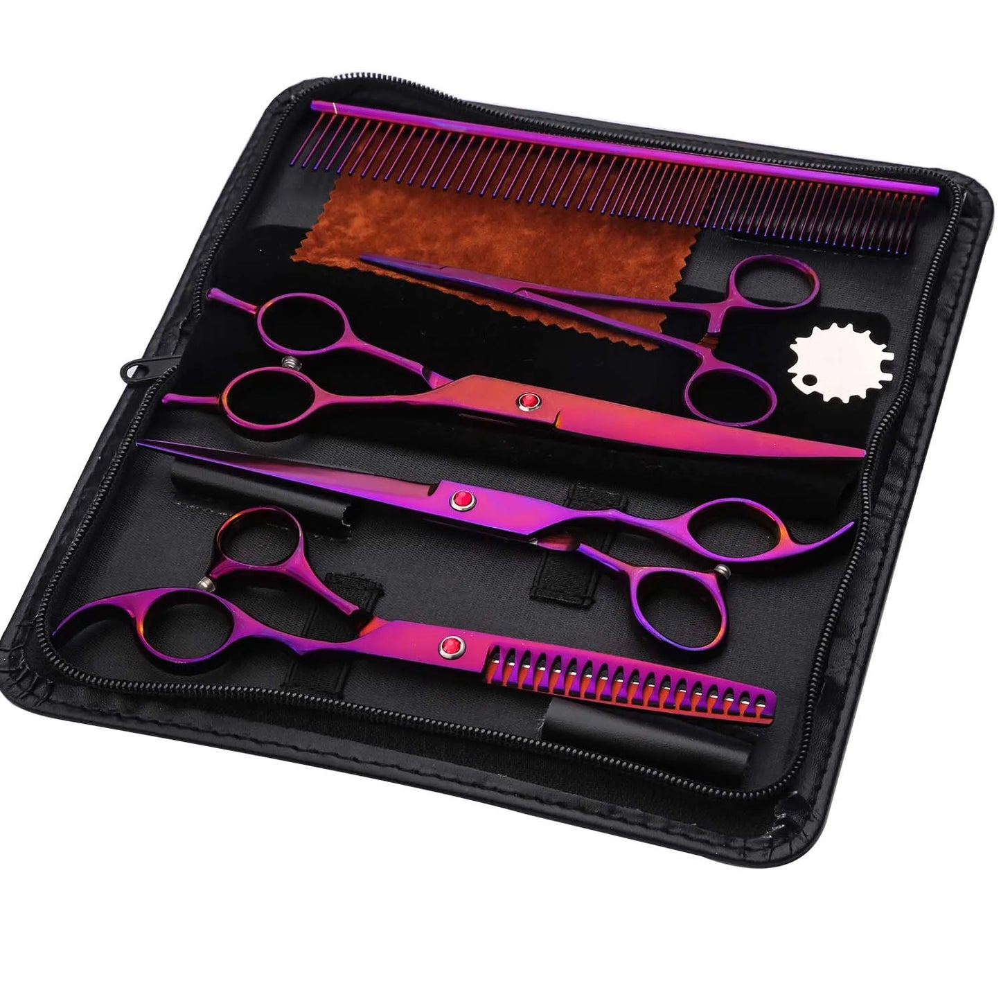 Professional Pet Grooming Scissors Set - Vibrant Iridescent Stainless Steel, Right-Handed Dog & Cat Hair Cutting Tools with Comb